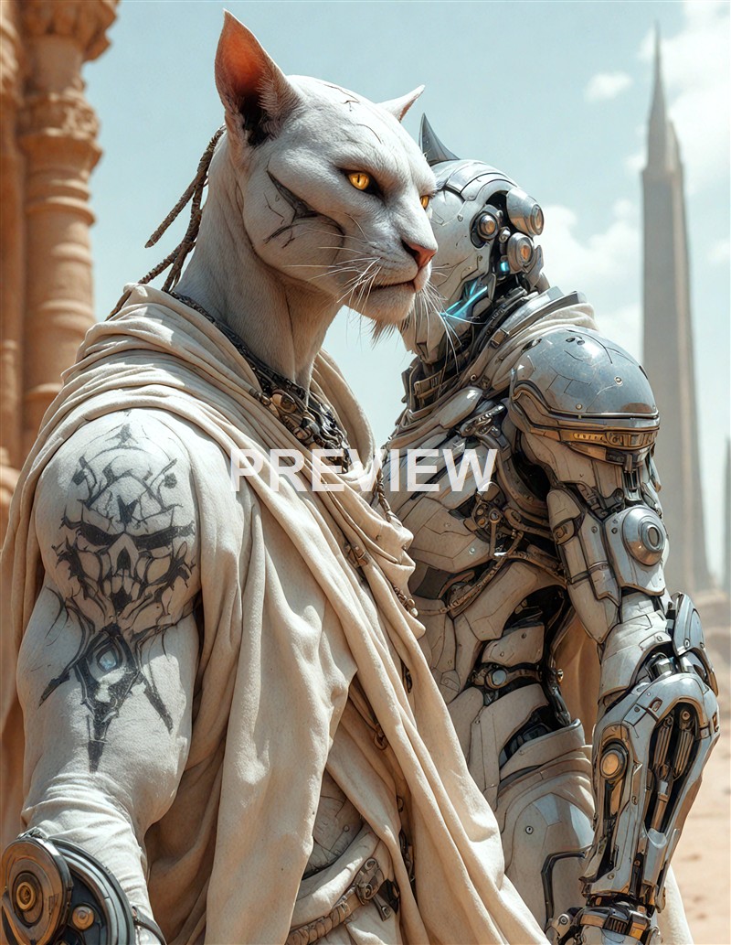 A humanoid figure with a feline face and white fur, dressed in a beige cloak with tattoos on the arm, stands next to a highly advanced robotic figure in a desert-like environment with ancient columns and a tall spire in the background.
